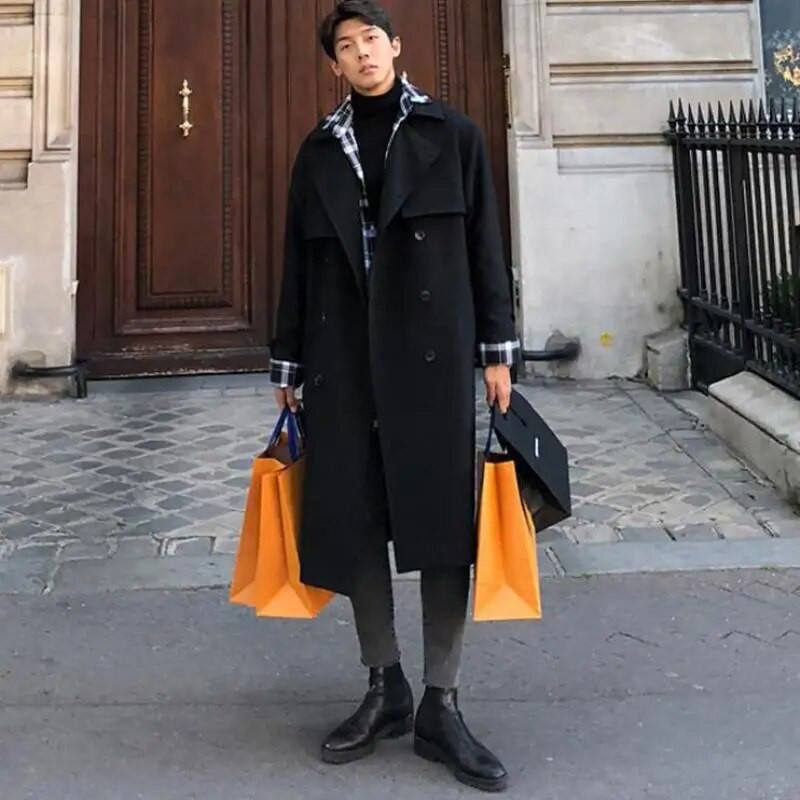 Meeste Trench-mantel, õhuke istuvus, kaherealine rihmaga tuulepluus, pikk jakk vabaaja tuulekindel mantel meeste Trench M-XXL