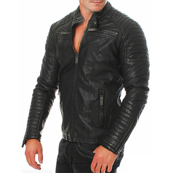 Мъжки модни кожени якета с яка и стойка Мъжки ежедневни ветроустойчиви якета от полиуретан, мъжки мотоциклетни якета с ревер и диагонал с цип