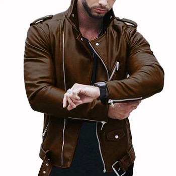 Ретро мъжко кожено яке Slim Fit Muscle Motorcycle Stand Collar Biker Coat Zip Up Top Coat Jackets Man