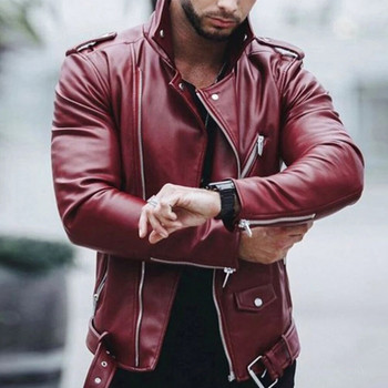 Ретро мъжко кожено яке Slim Fit Muscle Motorcycle Stand Collar Biker Coat Zip Up Top Coat Jackets Man