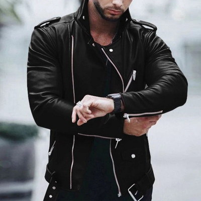 Jachetă de piele pentru bărbați retro, slim fit, mușchi, guler motociclist, haină motociclistă, îmbrăcăminte cu fermoar, haină de top, jachete pentru bărbați