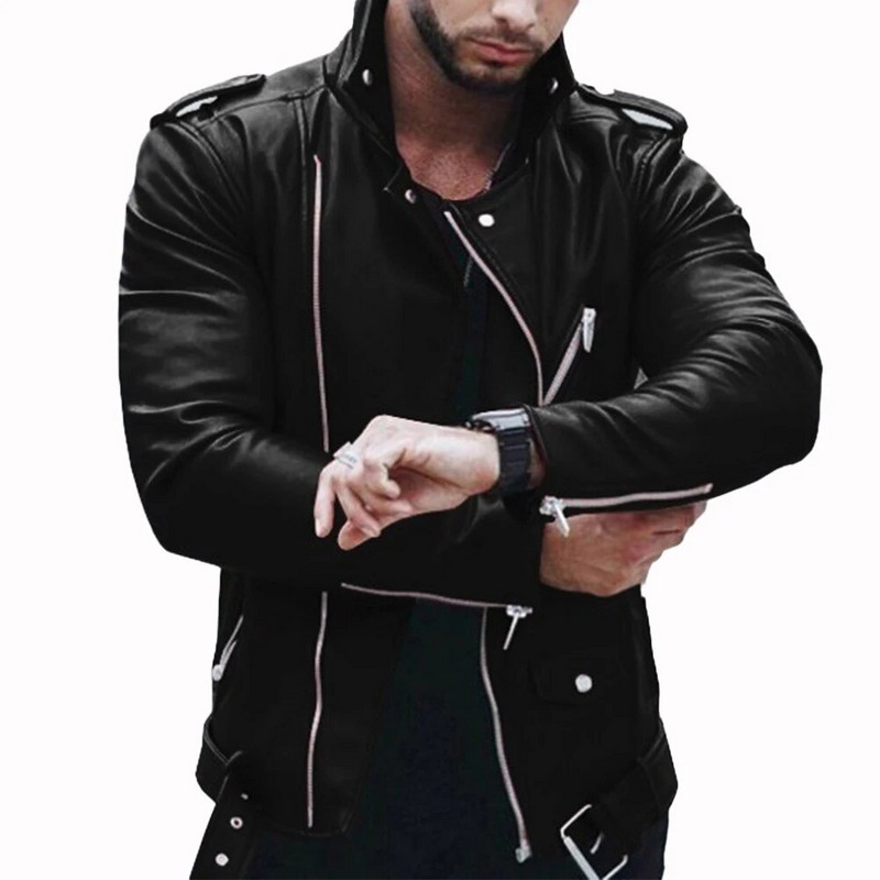 Jachetă de piele pentru bărbați retro, slim fit, mușchi, guler motociclist, haină motociclistă, îmbrăcăminte cu fermoar, haină de top, jachete pentru bărbați
