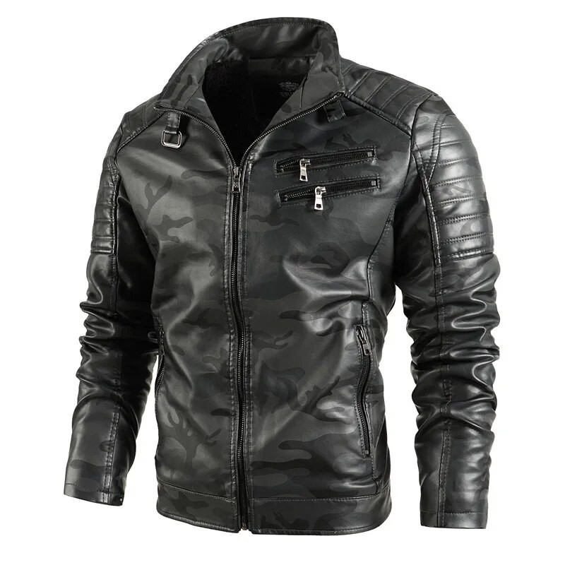 Férfi terepszínű Moto bőrkabátok Polár meleg téli dzsekik Vékony PU bőrkabátok Kiváló minőségű férfi divatos, alkalmi dzsekik 3