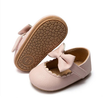 KIDSUN Бебешки ежедневни обувки Бебешки малки деца Bowknot Нехлъзгаща се гумена мека подметка Плоска PU First Walker Новородено Bow Decor Mary Janes