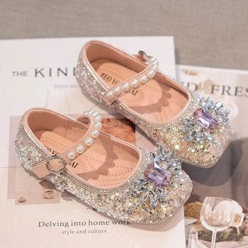 Обувки за момичета С кристали Обувки за принцеса Перли Mary Janes Bling Сватбени обувки Танцово шоу Парти Детски кожени обувки Есен 419A
