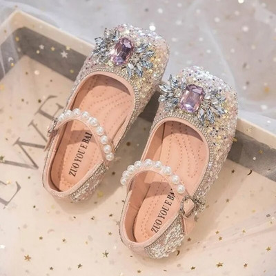 Обувки за момичета С кристали Обувки за принцеса Перли Mary Janes Bling Сватбени обувки Танцово шоу Парти Детски кожени обувки Есен 419A