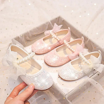 Детска мода за момичета Mary Janes за партита, сватбени представления 2023 г., страничен лък, перли, елегантни обувки на принцеса, шикозни детски обувки, неплъзгащи се