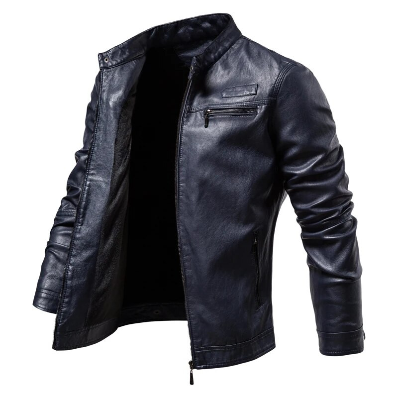 Jachetă din piele PU pentru bărbați, la modă, haină de piele pentru motocicletă, haină pentru bărbați, cu fermoar, guler suport, rezistent la vânt, îmbrăcăminte exterioară subțire pentru motociclist