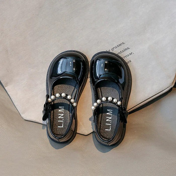 Детски мокасини за момиче Черни лъскави 2023 г. Нова есенна униформа Ученически кожени обувки Перли Детски обувки с кръгли пръсти Обикновени универсални обувки