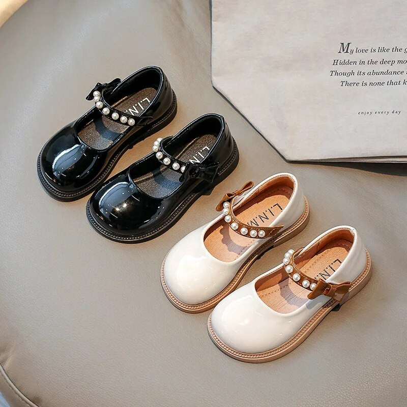 Mocasini pentru copii pentru fete Negru lucios 2023 Nou Toamna Uniforma Scoala Pantofi din piele Perle Cu varf rotund Pantofi copii Simplu All-match