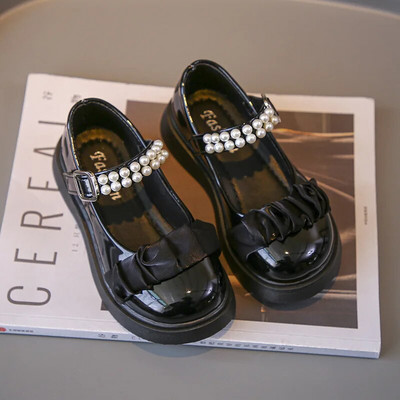Sweet Girls Versatil Negru lucios Elegant Perlat Plis Copii Pantofi din piele Primavara 2023 Noua Moda Copii Mary Jane pentru petrecere