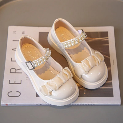 Sweet Girls Versatil Negru lucios Elegant Perlat Plis Copii Pantofi din piele Primavara 2023 Noua Moda Copii Mary Jane pentru petrecere