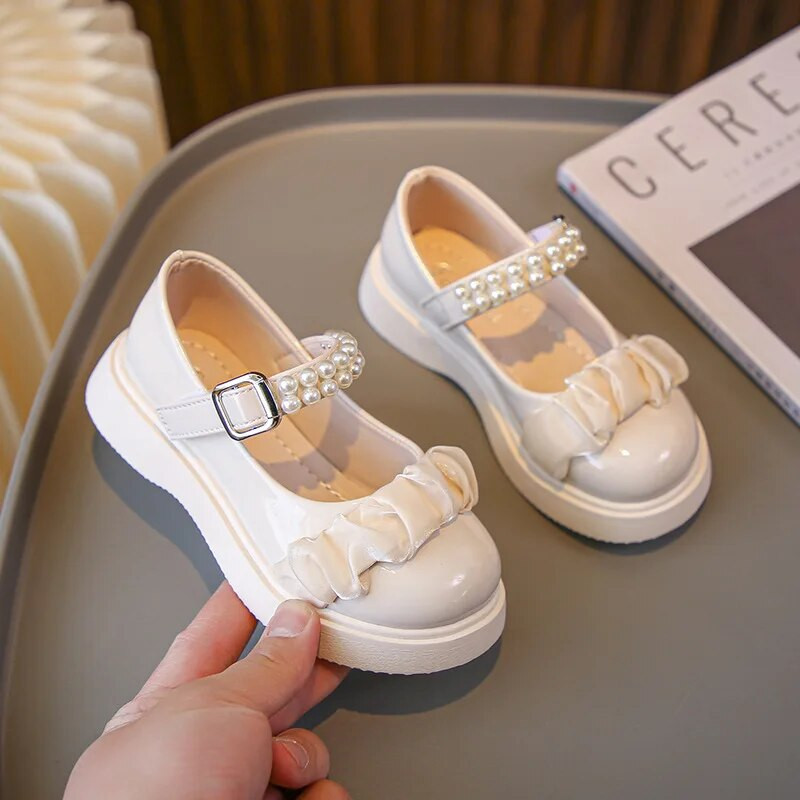 Sweet Girls Versatil Negru lucios Elegant Perlat Plis Copii Pantofi din piele Primavara 2023 Noua Moda Copii Mary Jane pentru petrecere