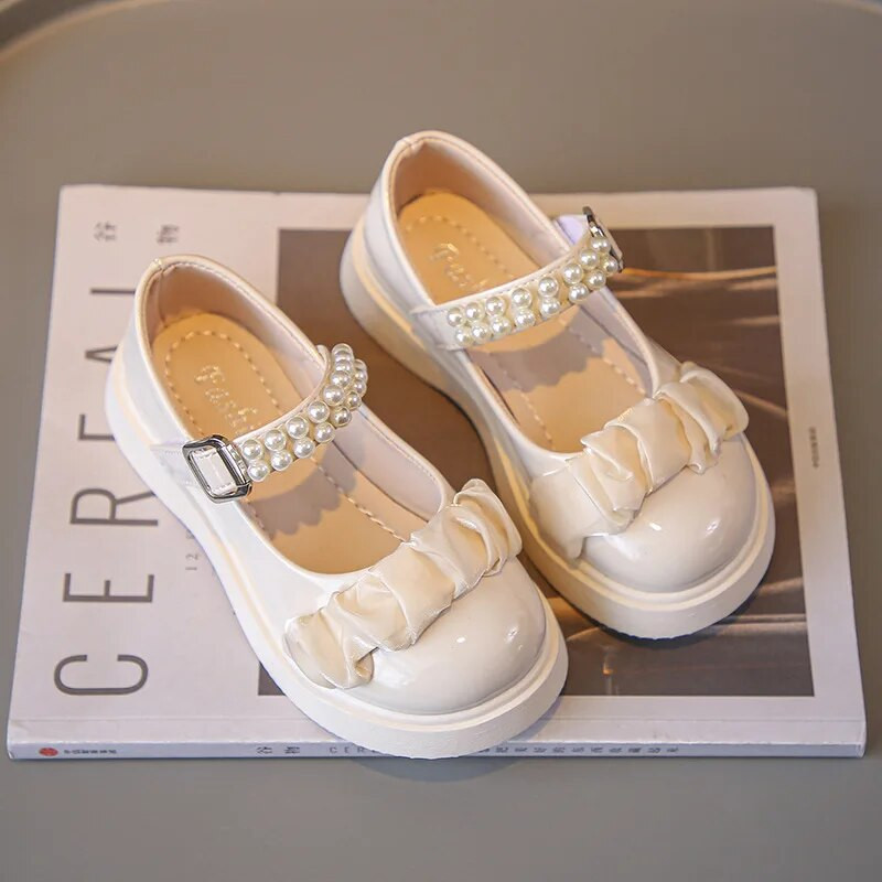 Sweet Girls Versatil Negru lucios Elegant Perlat Plis Copii Pantofi din piele Primavara 2023 Noua Moda Copii Mary Jane pentru petrecere
