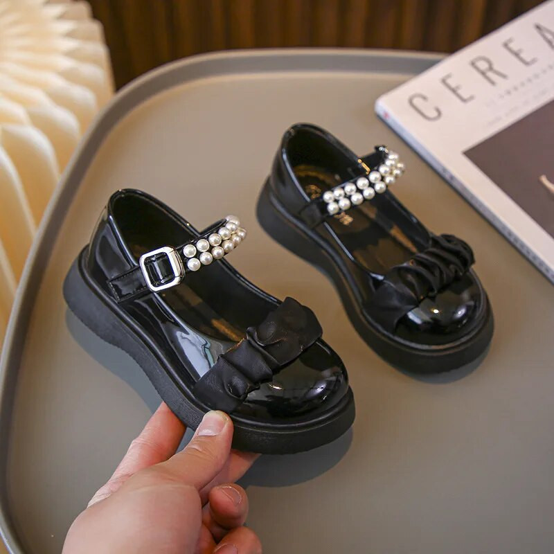 Sweet Girls Versatil Negru lucios Elegant Perlat Plis Copii Pantofi din piele Primavara 2023 Noua Moda Copii Mary Jane pentru petrecere
