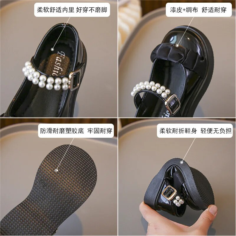Sweet Girls Versatil Negru lucios Elegant Perlat Plis Copii Pantofi din piele Primavara 2023 Noua Moda Copii Mary Jane pentru petrecere