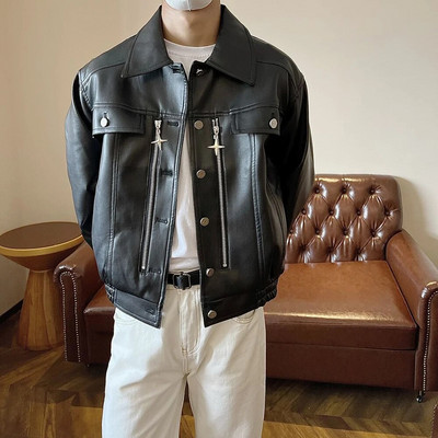 Jachetă din piele PU decorată cu fermoar metalic Y2k pentru bărbați, toamnă iarnă, moda stradă, retro, lejer, unisex