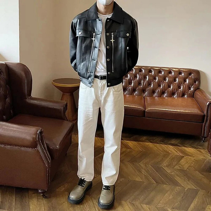 Muška Y2k biciklistička jakna od pu kože ukrašena metalnim patentnim zatvaračem Genderless Jesen Zima Moda Ulična retro labava ležerna jakna Unisex