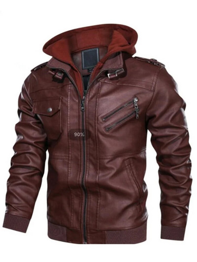 2023 îmbrăcăminte din piele la modă de mărime europeană locomotivă vintage jachetă din piele PU de toamnă și iarnă, haină detașabilă pentru bărbați cu glugă