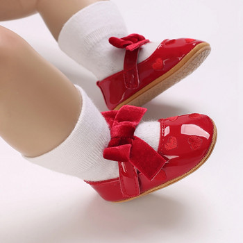 0-18m Χριστουγεννιάτικο νεογέννητο βρέφος κοριτσάκι Κόκκινα παπούτσια Καρδιά Μοτίβο παπιγιόν Μαλακό PU Δερμάτινο Αντιολισθητικό First Walkers d05