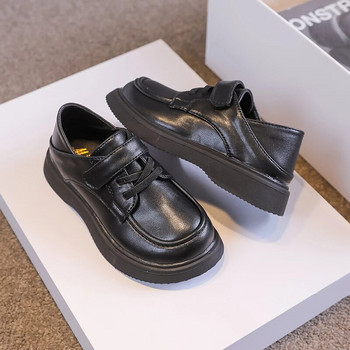 Детски кожени обувки, масивни черни матови обувки с връзки и връзки Момчета и момичета Плоски обувки 26-36 Елегантни училищни модни пролетни детски обувки