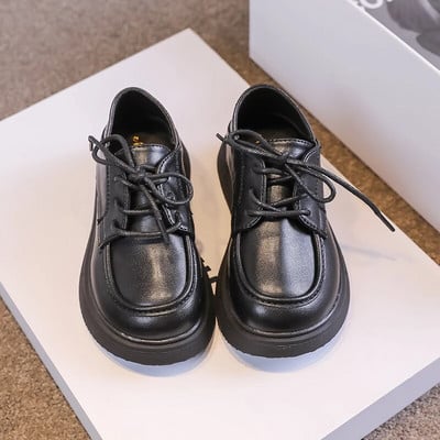 Pantofi din piele pentru copii, grosime, negru, mat, cu șireturi, băieți, fete, pantof plat 26-36, pantofi pentru copii, la modă la școală, de primăvară