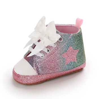 Розови бебешки обувки за момичета Блестящи платнени обувки за новородено Първо ходене Нехлъзгащи се детски маратонки Класически звездни обувки за малко дете