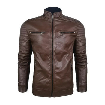 Мотоциклетно яке със стойка и яка, тънко кожено яке от PU, палто, есен, зима 2023 г., ново мъжко ежедневно модно модерно мъжко тънко кожено палто