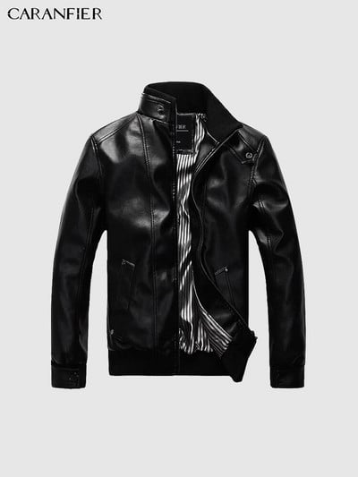 CARANFIER Jachete din piele pentru bărbați, cu guler solid, paltoane ocazionale pentru motociclete, îmbrăcăminte hip hop coreeană, subțire, cu fermoar, pardesiu din PU