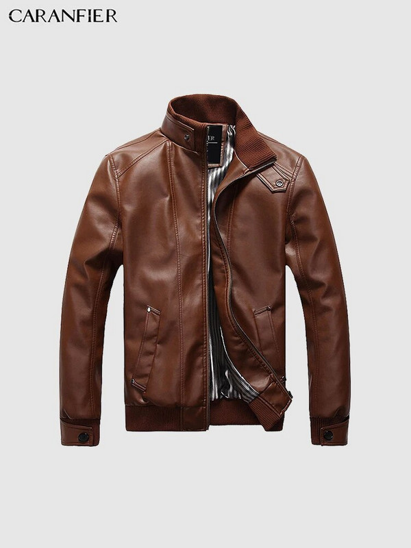 CARANFIER Jachete din piele pentru bărbați, cu guler solid, paltoane ocazionale pentru motociclete, îmbrăcăminte hip hop coreeană, subțire, cu fermoar, pardesiu din PU
