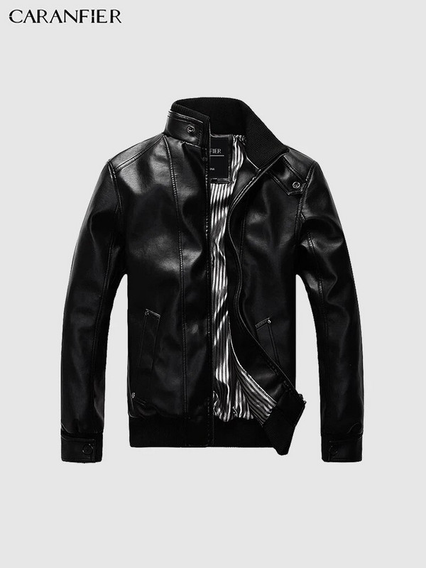 CARANFIER Jachete din piele pentru bărbați, cu guler solid, paltoane ocazionale pentru motociclete, îmbrăcăminte hip hop coreeană, subțire, cu fermoar, pardesiu din PU