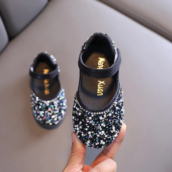 Есенни кожени обувки с кристали за момичета 2023 Пролет Обувки за принцеса с перлен лък Меки детски бебешки единични обувки за малко дете G06