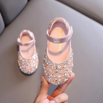 Есенни кожени обувки с кристали за момичета 2023 Пролет Обувки за принцеса с перлен лък Меки детски бебешки единични обувки за малко дете G06