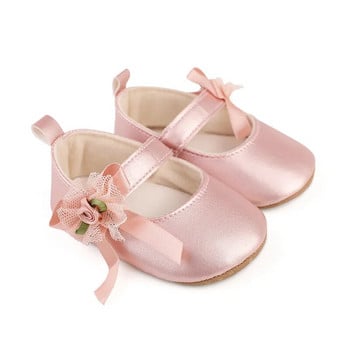 0-12 месеца Сладки обувки на принцеса Пролетни и есенни обувки за момичета Гланцови PU мрежести цветя Розова роза Мека подметка Неплъзгащи се обувки