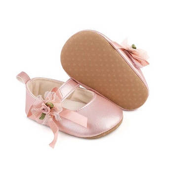 0-12 месеца Сладки обувки на принцеса Пролетни и есенни обувки за момичета Гланцови PU мрежести цветя Розова роза Мека подметка Неплъзгащи се обувки