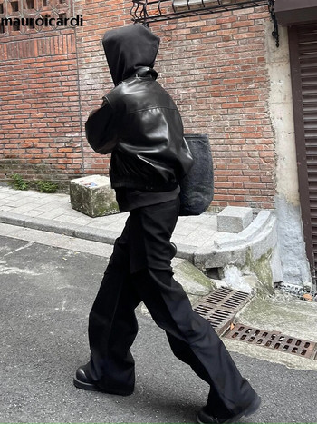 Mauroicardi Пролет Есен Cool Oversized Short Black Soft Pu Leather Jacket Men Zipper Luxury Designer American Vintage Clothes