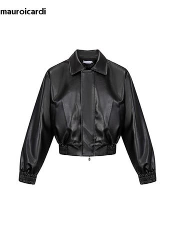 Mauroicardi Пролет Есен Cool Oversized Short Black Soft Pu Leather Jacket Men Zipper Luxury Designer American Vintage Clothes