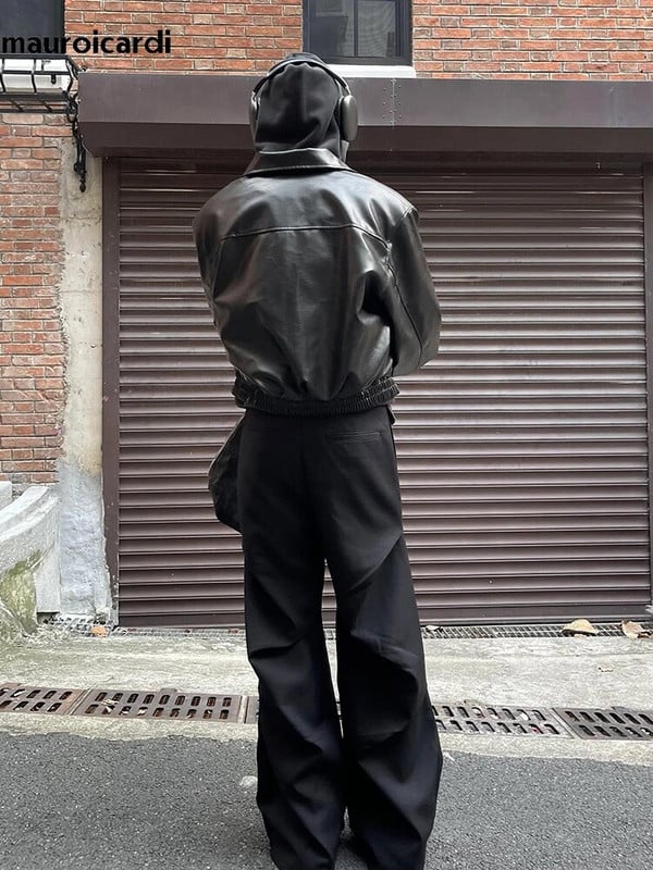 Mauroicardi, primăvară toamnă, rece, supradimensionată, scurtă, neagră, moale, din piele PU, pentru bărbați, cu fermoar, de designer de lux, haine vintage americane