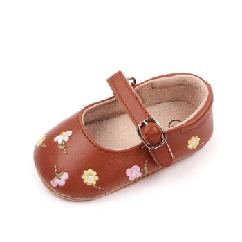 Бебешки обувки Mary Jane Flats от PU кожа за бебета Обувки за принцеса с флорални бродерии 0-18M