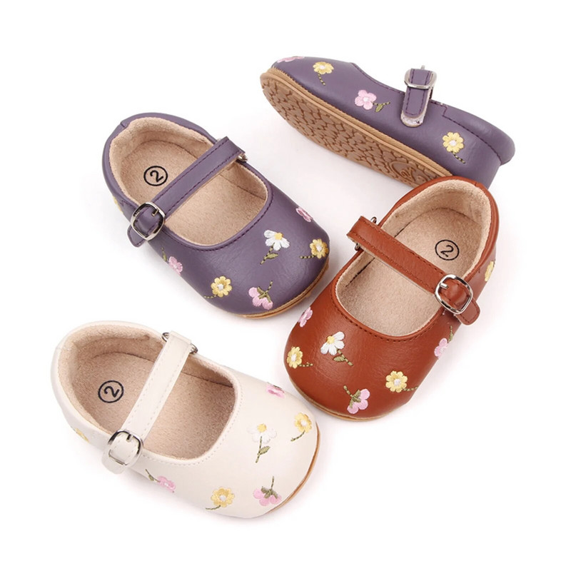 Bebeluși Fetițe Mary Jane Flats din piele PU Pantofi de rochie pentru sugari Broderie florală Pantofi prințesă 0-18M