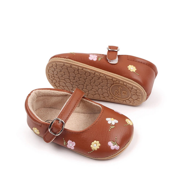 Bebeluși Fetițe Mary Jane Flats din piele PU Pantofi de rochie pentru sugari Broderie florală Pantofi prințesă 0-18M