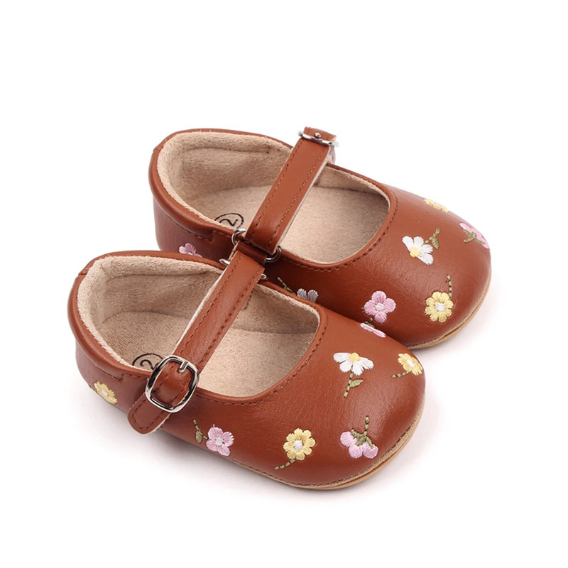 Bebeluși Fetițe Mary Jane Flats din piele PU Pantofi de rochie pentru sugari Broderie florală Pantofi prințesă 0-18M