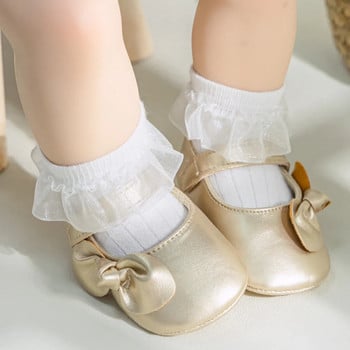 Модни обувки за новородени бебета за момичета Златна гумена подметка с панделка Противоплъзгаща се PU четвърта четвърт на открито First Walker Toddler Girl Shoes