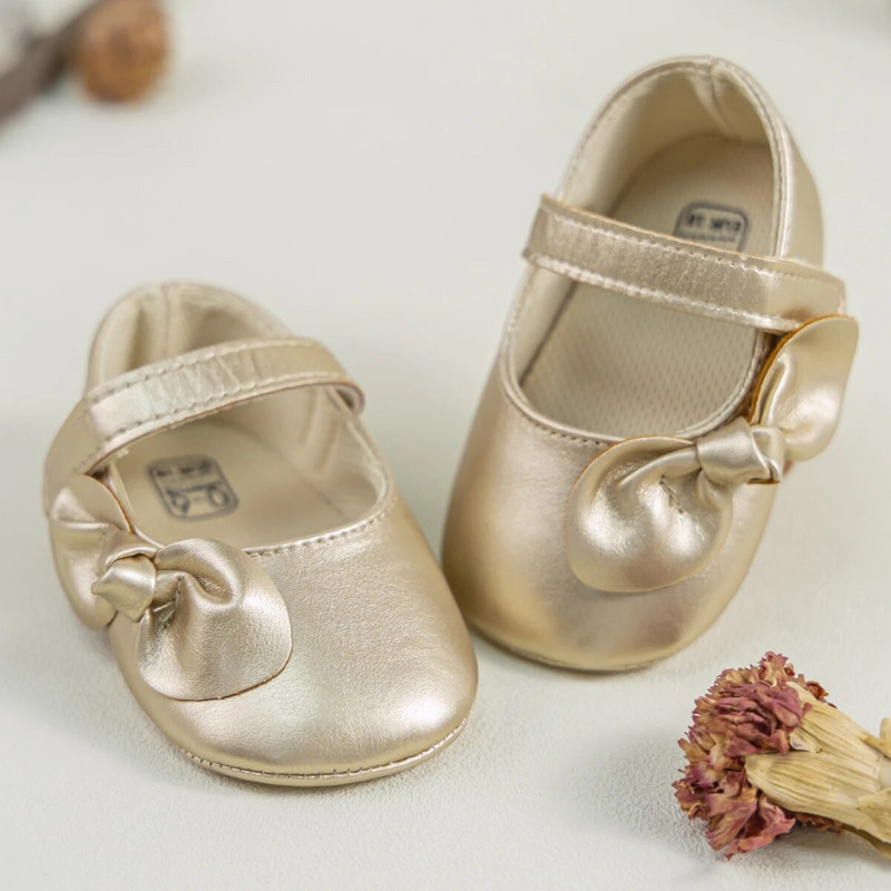 Pantofi pentru fete nou-născuți de modă, cu fundă auriu, talpă din cauciuc, PU, al patrulea trimestru, în aer liber, pantofi pentru fetiță.