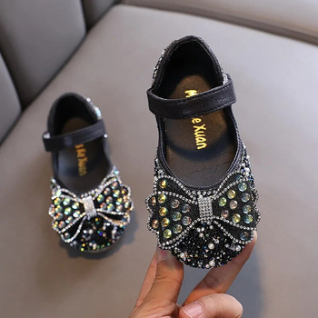 Нови детски обувки за принцеса с папионка и кристали, пролетни бебешки момиченца, блестящи кожени обувки, детски плоски сватбени обувки с пайети H504