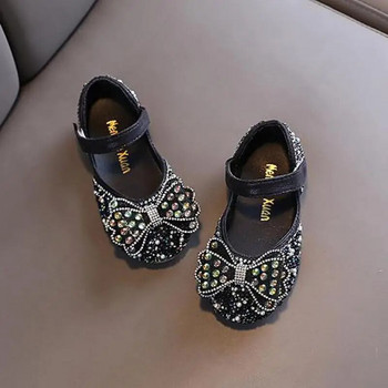 Нови детски обувки за принцеса с папионка и кристали, пролетни бебешки момиченца, блестящи кожени обувки, детски плоски сватбени обувки с пайети H504