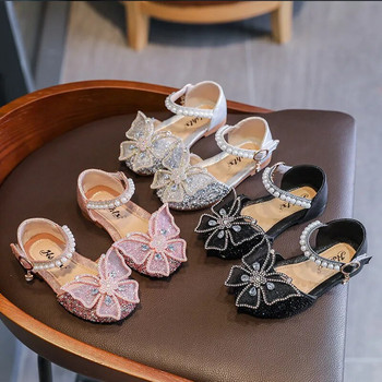 Детски обувки с пайети и дантелена панделка за момичета с пайети Момичета Сладка перлена принцеса Танцова единична ежедневна обувка 2023 г. Детски парти сватбени обувки
