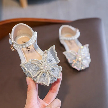 Детски обувки с пайети и дантелена панделка за момичета с пайети Момичета Сладка перлена принцеса Танцова единична ежедневна обувка 2023 г. Детски парти сватбени обувки