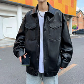 Muške jakne od pu kože, modne spuštene ovratnike, motociklistički kaputi od brušene kože, crna široka jakna od umjetne kože, muška ulična odjeća, muškarac