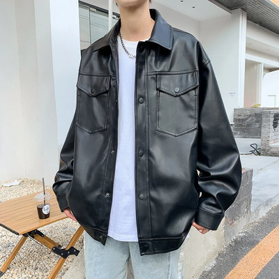 Muške jakne od pu kože, modne spuštene ovratnike, motociklistički kaputi od brušene kože, crna široka jakna od umjetne kože, muška ulična odjeća, muškarac